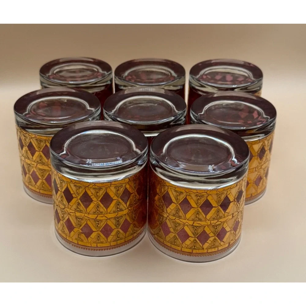 🥃 Vintage Mid Century Amber Gold Pattern Rocks Glasses Set of 8